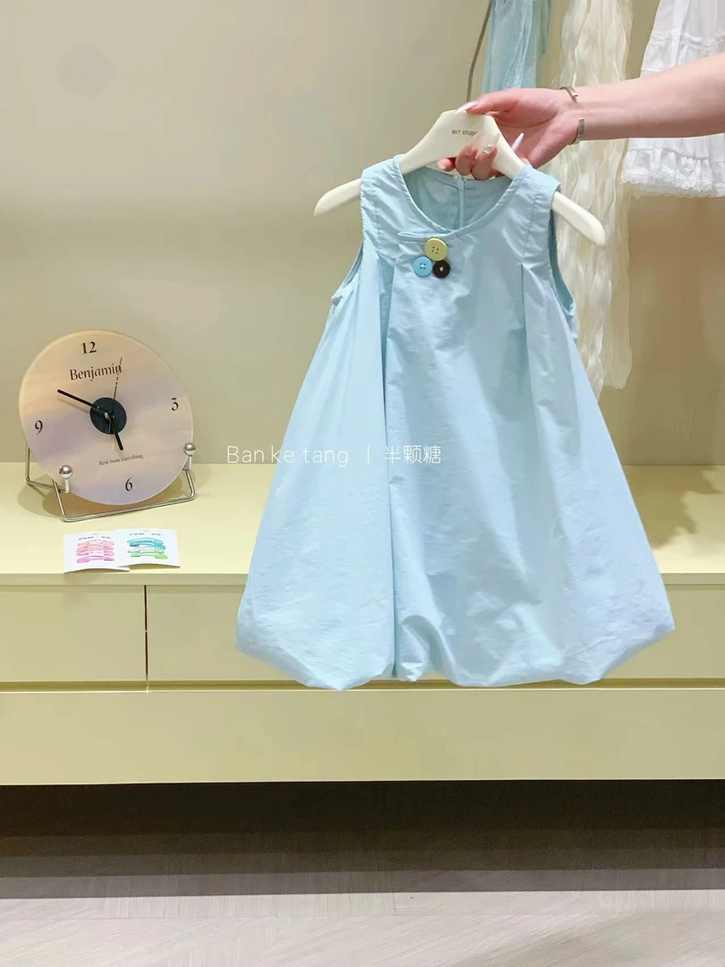 在仓  女童设计师款纽扣背心裙2025夏季新款韩版童装宝宝连衣裙