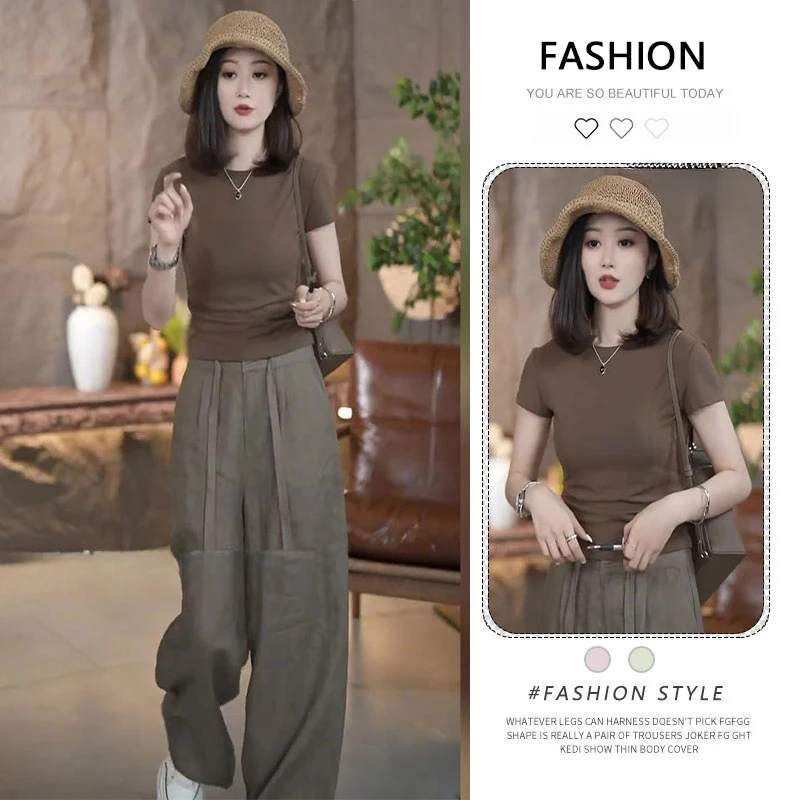 时尚两件套女2025夏新款修身套头上衣遮肚百搭T恤休闲裤子两件套