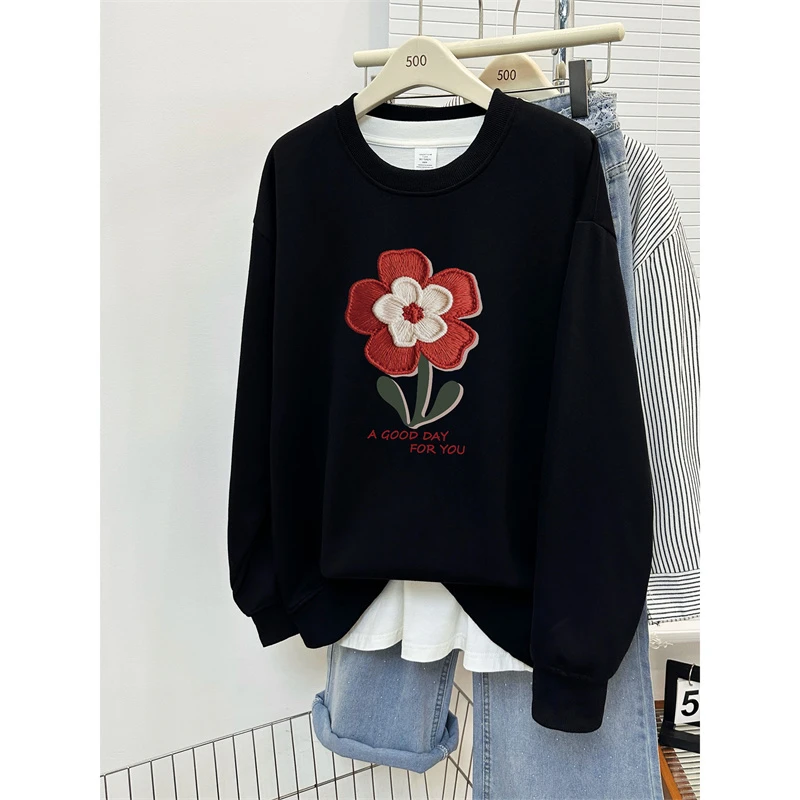 黑色圆领卫衣女秋冬2025年新款加绒加厚韩版宽松大码套头长袖上衣