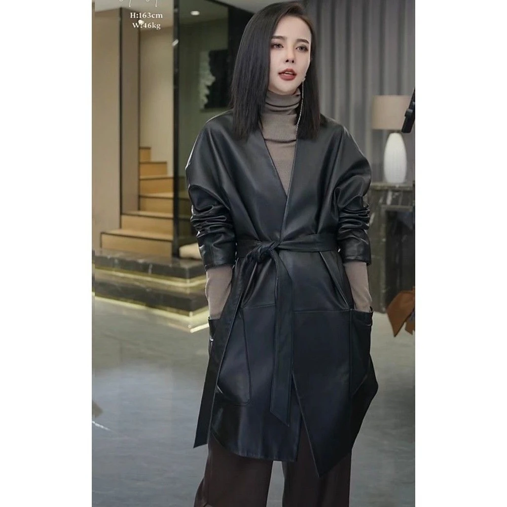 欧洲站时尚皮衣女2025春季中长款V领宽松系带收腰PU皮风衣外套潮