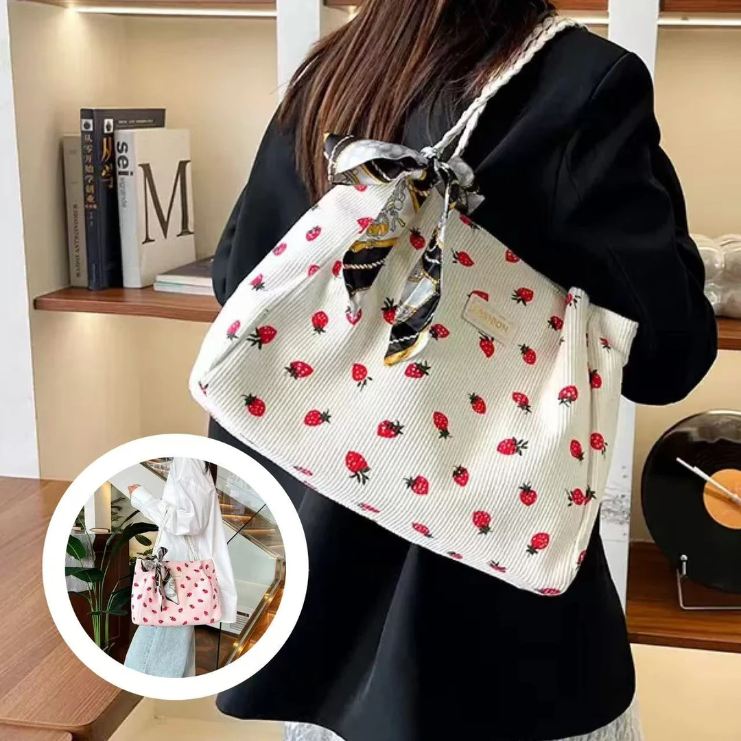 新款草莓甜美丝带托特包大容量洋气灯芯绒女包学生上班族通勤包p
