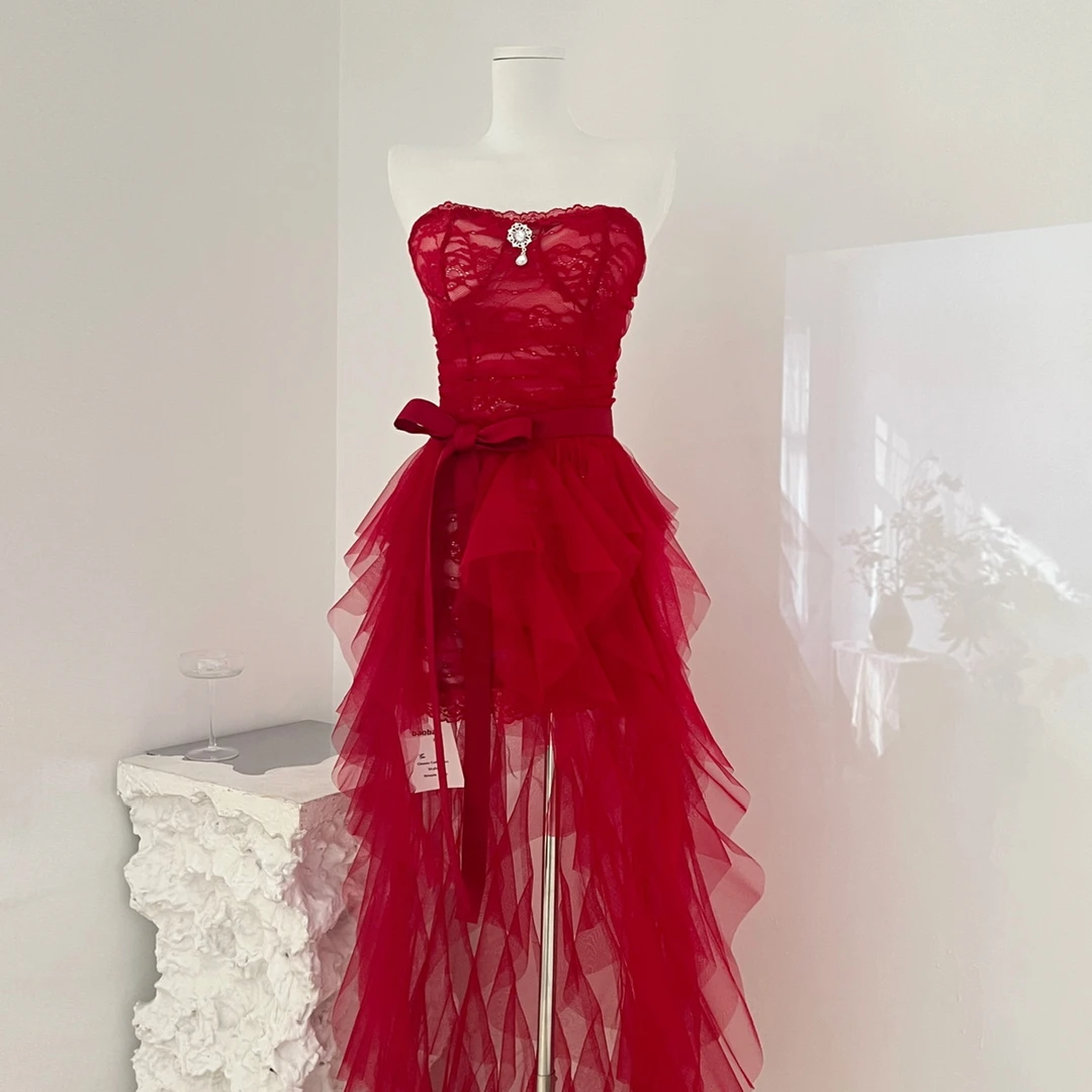 长款圣诞主题套裙 复古蕾丝包臀裙+拖尾