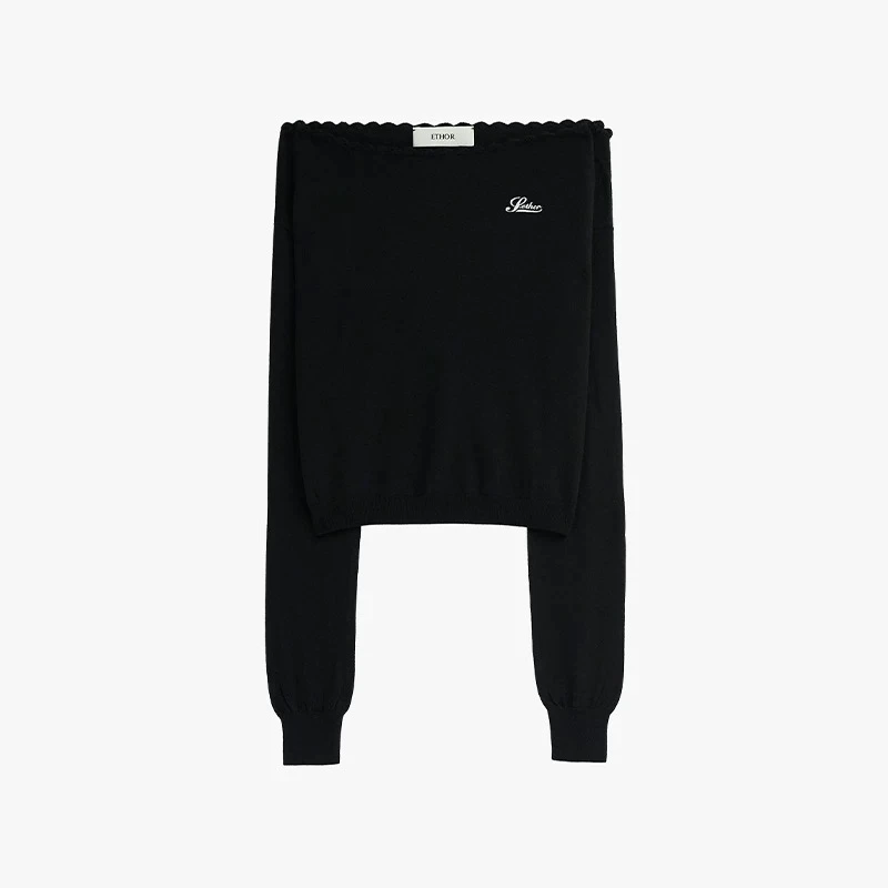 EZ25春夏新款黑色一字肩花边针织上衣时髦显瘦