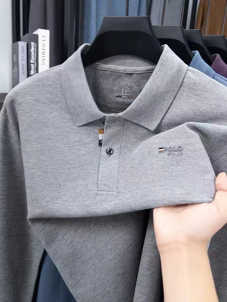 高端中青年春秋款男士长袖T恤宽松港风翻领百搭上衣舒适POLO衫男