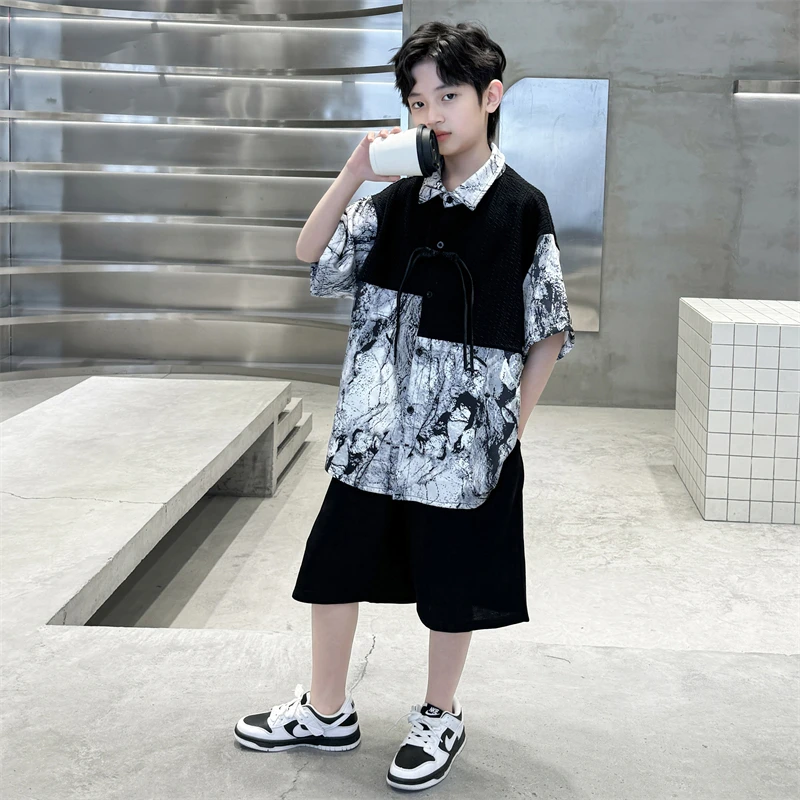 男童夏季国风衬衫套装2025新款夏装中大儿童男孩汉服新中式短袖潮