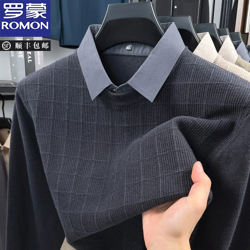 罗蒙秋冬新款男士翻领长袖假两件针织衫休闲百搭宽松商务打底毛衣