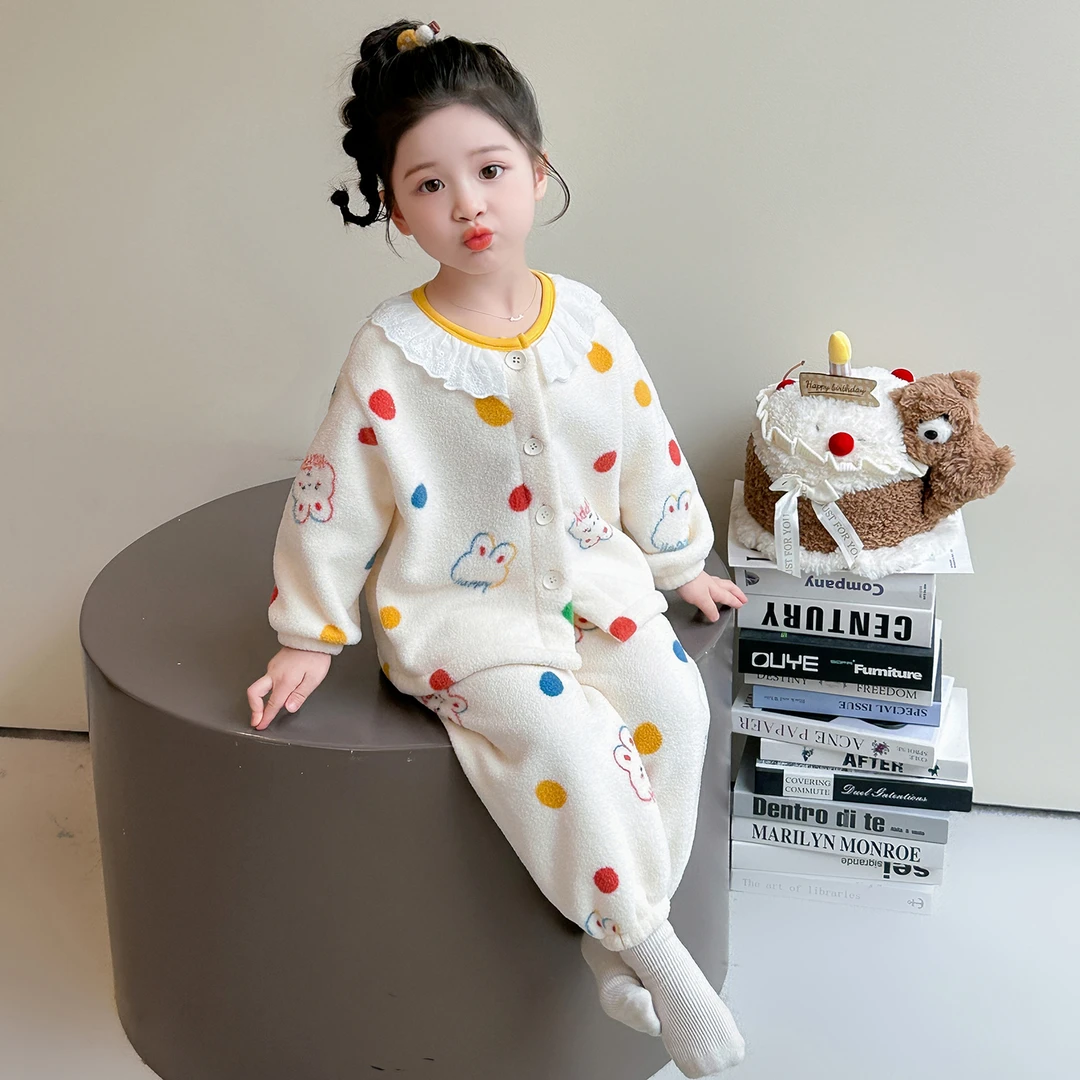 女童睡衣珊瑚绒秋冬季女孩花边领宝宝保暖衣法兰绒冬款儿童家居服