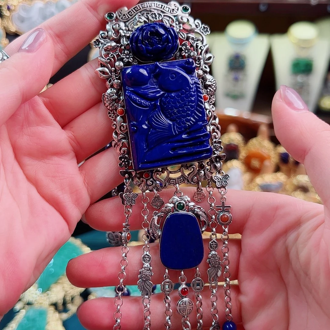 青金石银S925镶嵌吊坠吊坠