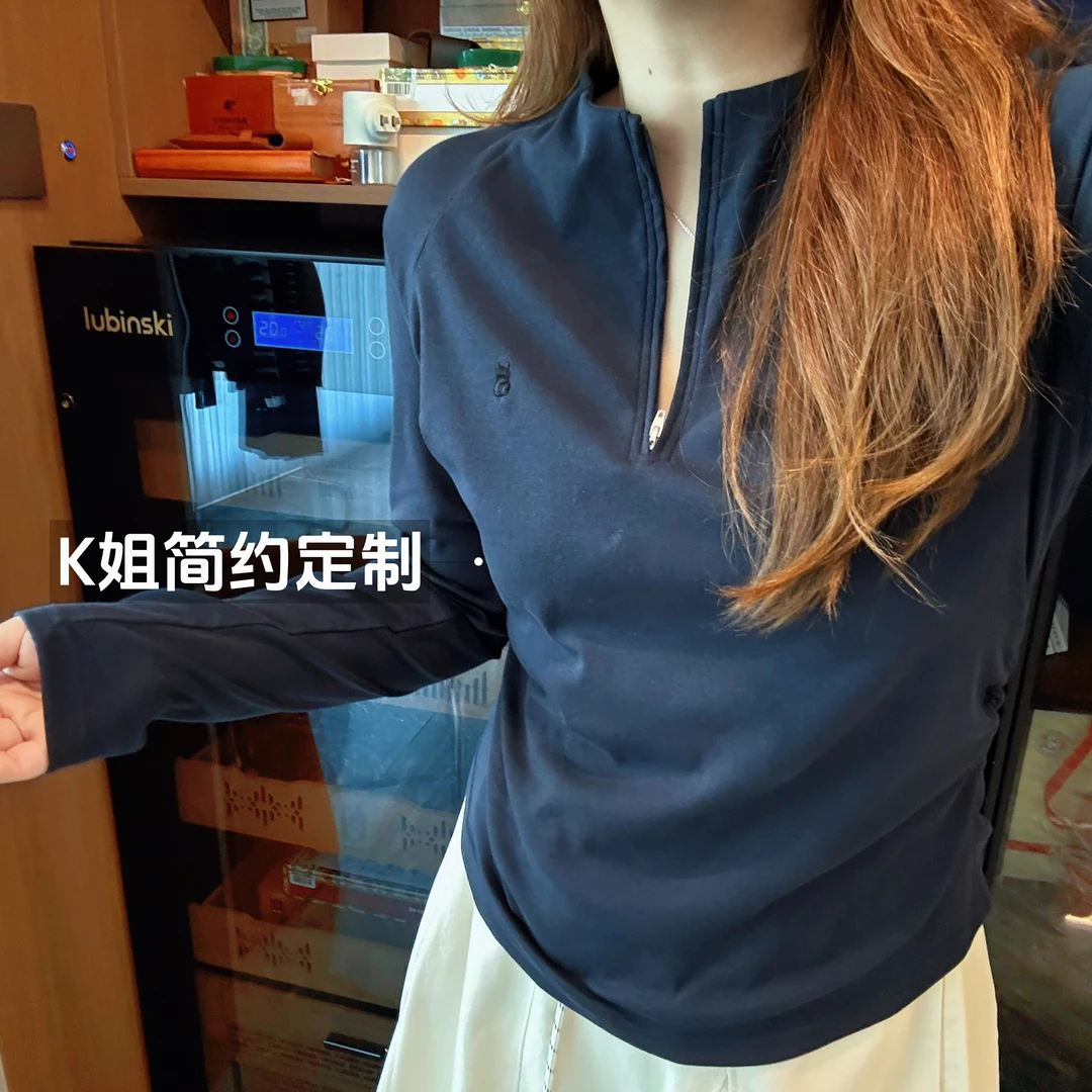 “KK定制”早秋新款立领刺绣半拉链打底衫休闲长袖T恤D2081