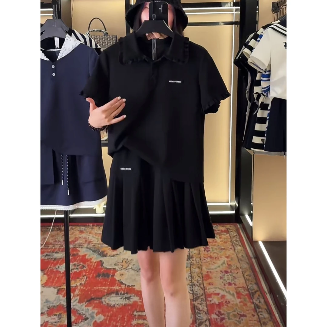 2049韩系休闲时尚套装女夏季新款木耳边短袖T恤搭配半身裙两件套