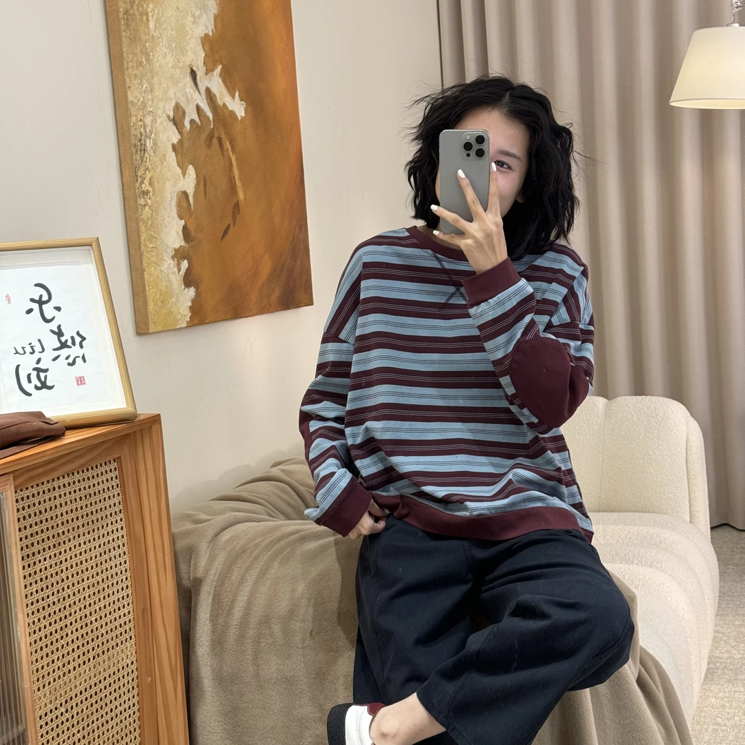 喜樂 2025圆领撞色条纹卫衣春季新款时尚百搭休闲拼接女士上衣