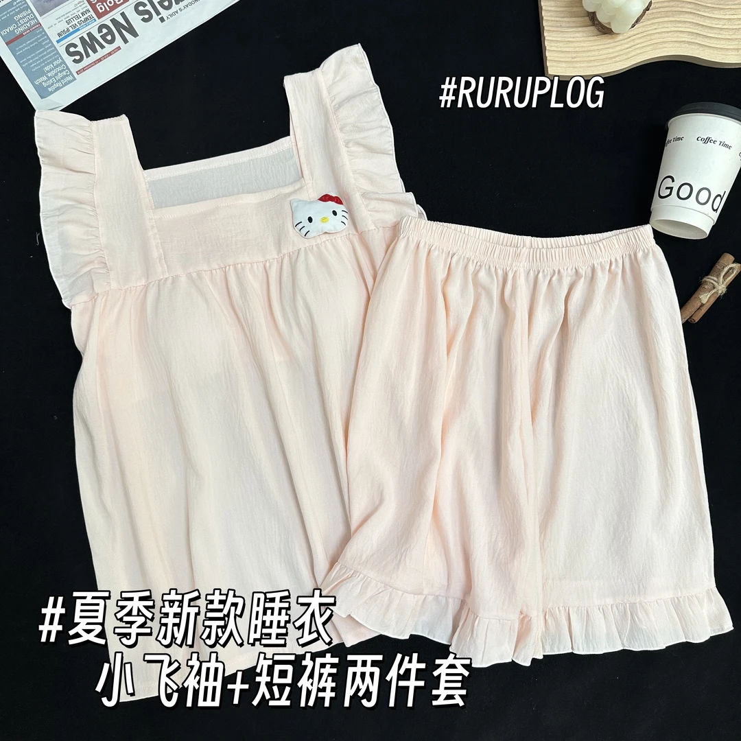 带胸垫小飞袖女士睡衣夏季云感棉可爱凯蒂猫短裤套装可外穿家居服