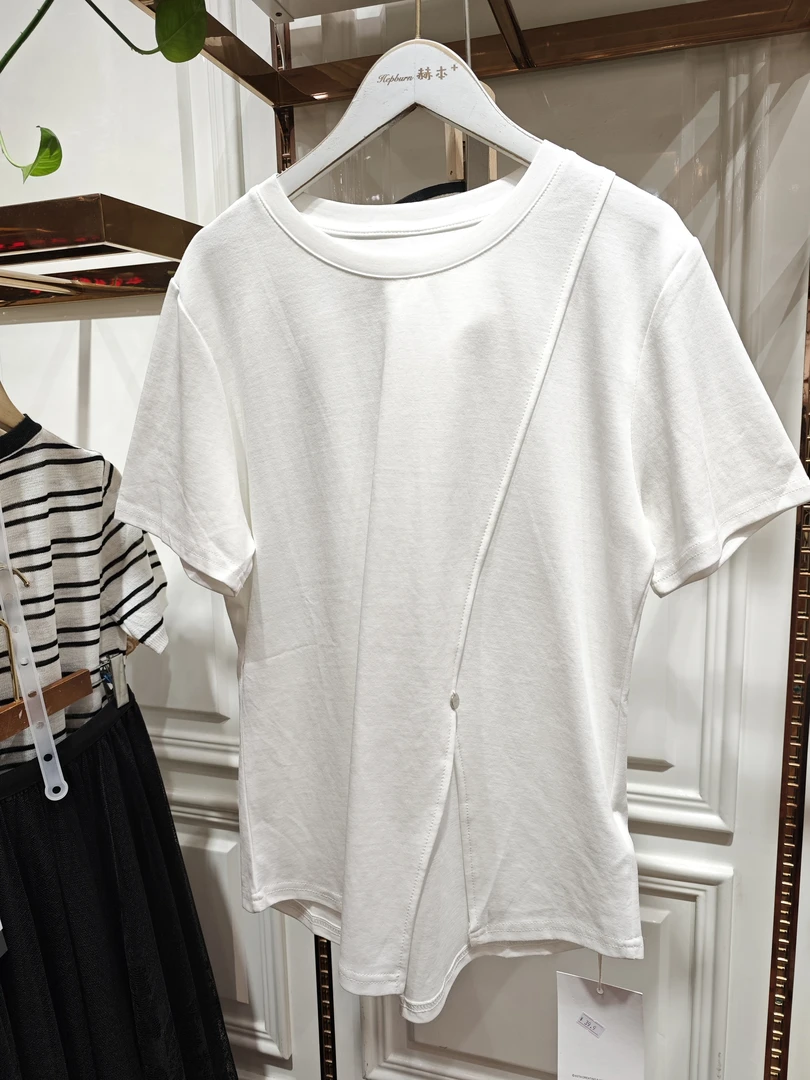 9103立体装饰简约通勤剪一刀修身设计感3D多色短袖T恤宽松百搭