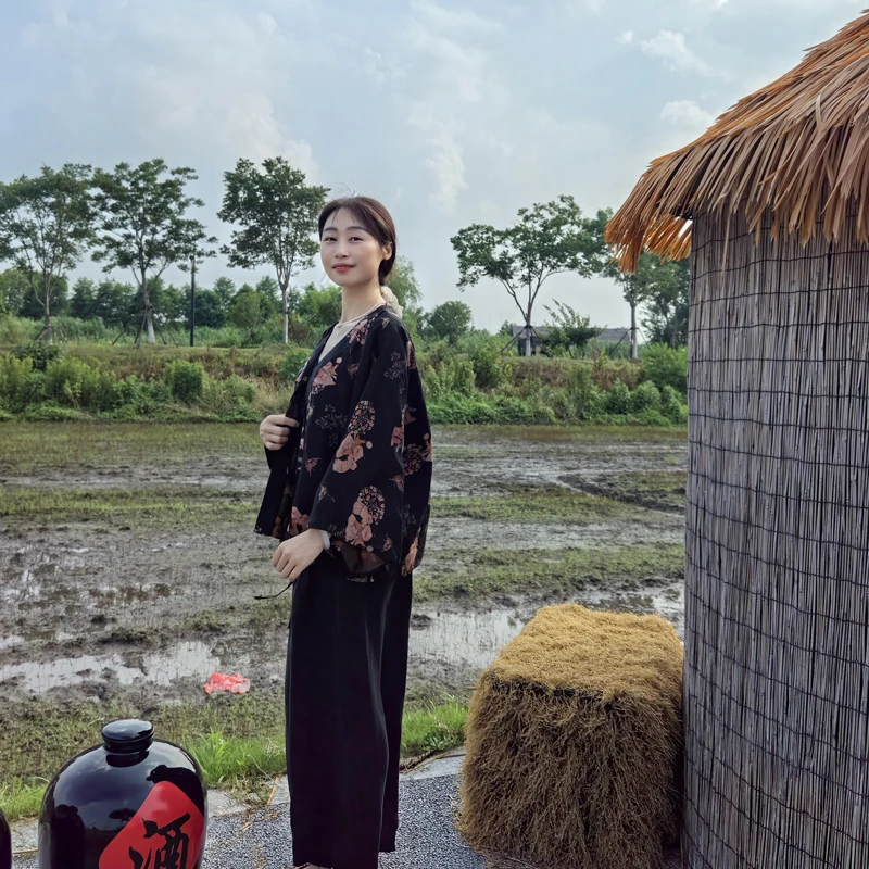 25姆米南瓜纹香云纱花萝桑波段对襟系带宽袖衬衣252316-1-2