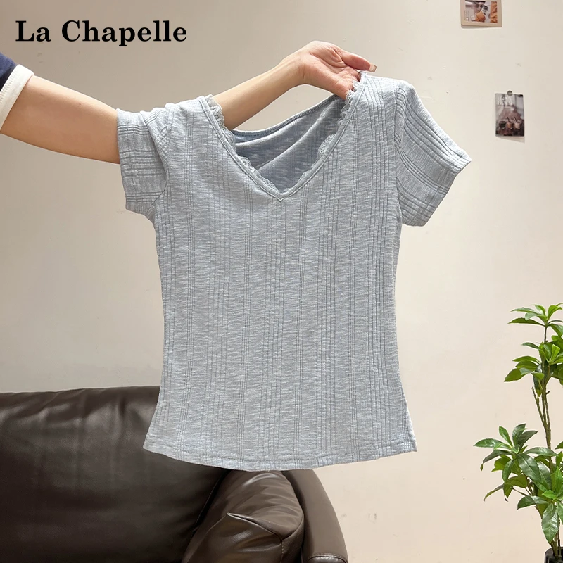 拉夏贝尔肌理感V领蕾丝花边设计感短袖T恤女夏季新款修身百搭上衣