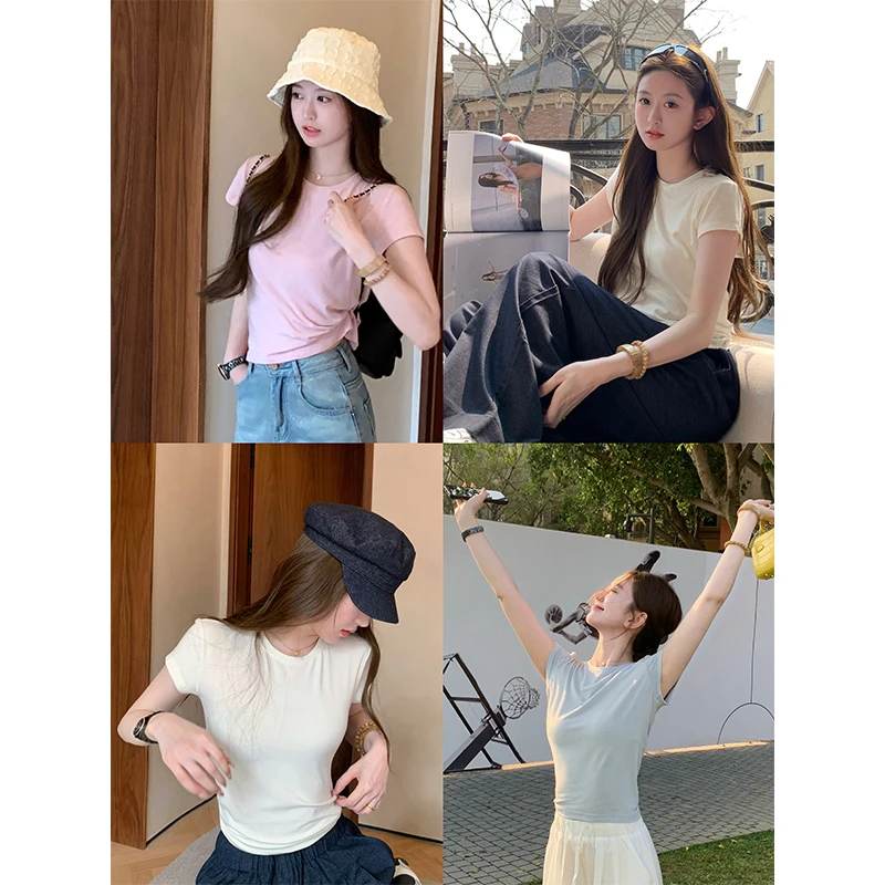 肉完  婴儿肌裸感羊毛纯欲圆领正肩修身t恤短袖上衣