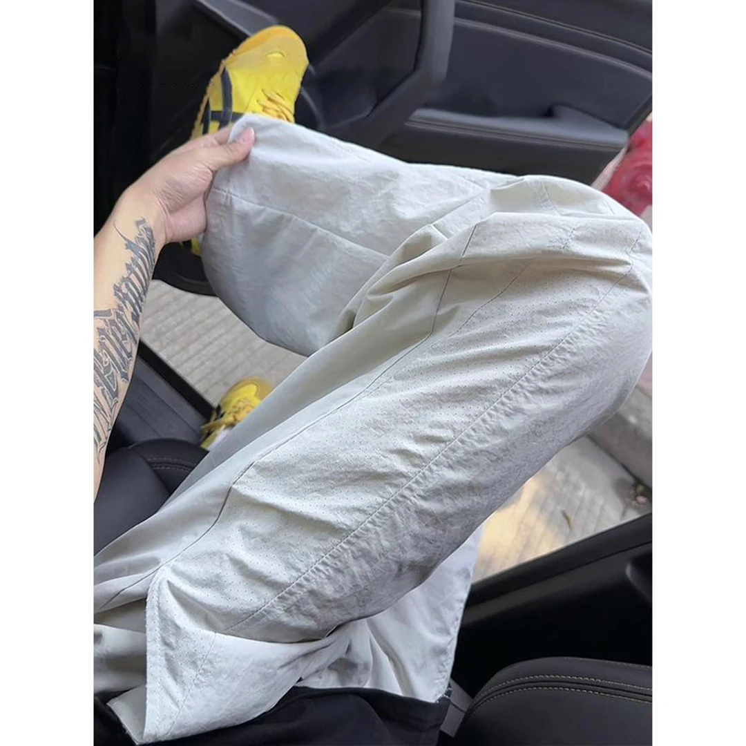 夏季打孔透气速干裤男女同款拼接薄款凉感冰丝裤直筒宽松休闲长裤