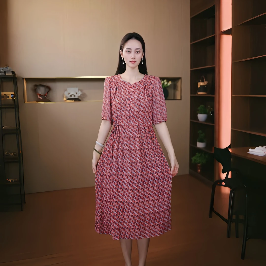 10181-中长裙显瘦遮肉女装防晒连衣裙夏季长裙收腰妈妈装【依】