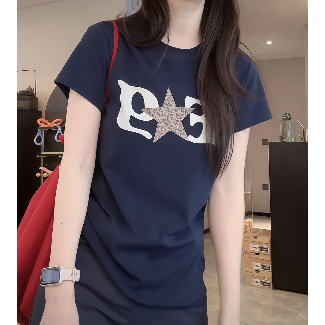 美式复古潮流卡通五角星印花圆领短袖T恤女设计感百搭洋气上衣潮