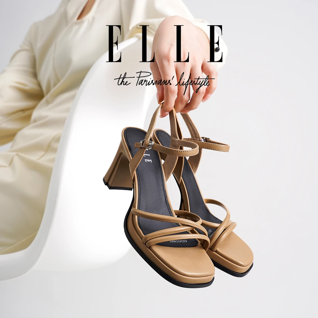 ELLE法式真皮罗马凉鞋女2025新款粗跟气质复古时尚一字扣带高跟鞋