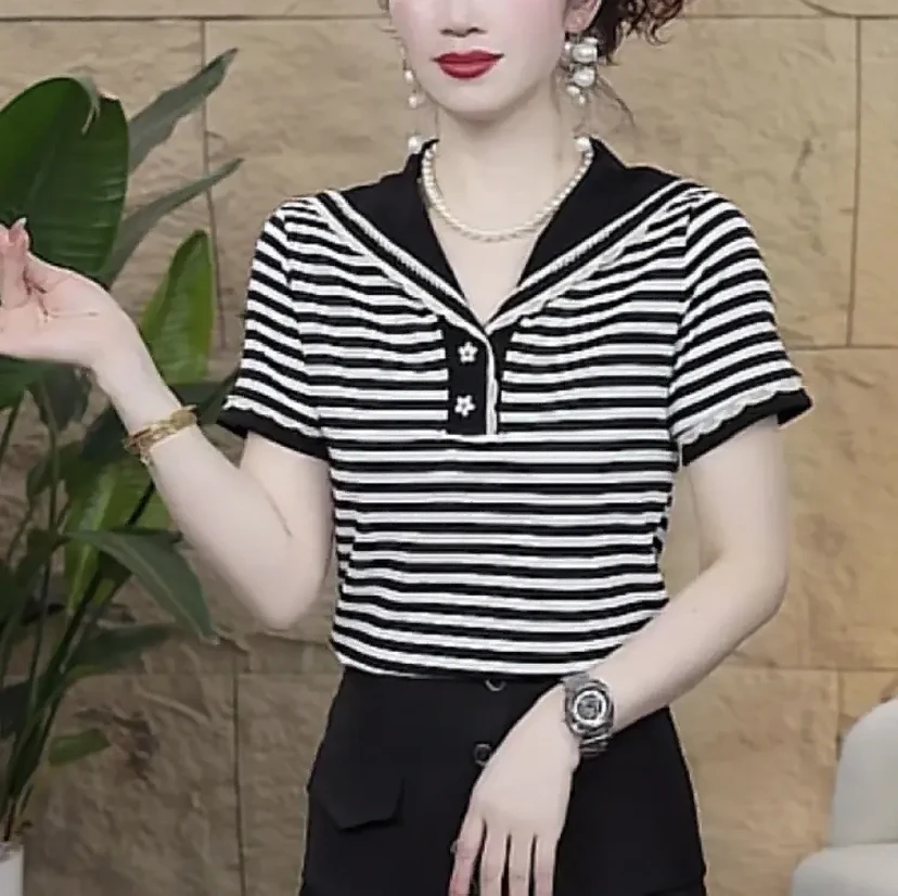 2025夏季新款时尚海军领洋气减龄气质短袖T恤修身显瘦百搭上衣