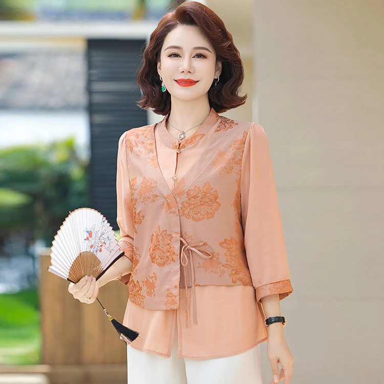 中老年女装妈妈款夏季七分袖时尚复古国风显瘦上衣