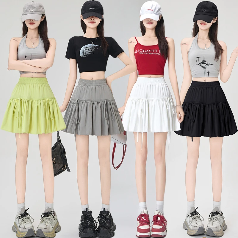 蝴蝶结花苞蓬蓬高腰A字防走光气质夏季女半身短裙