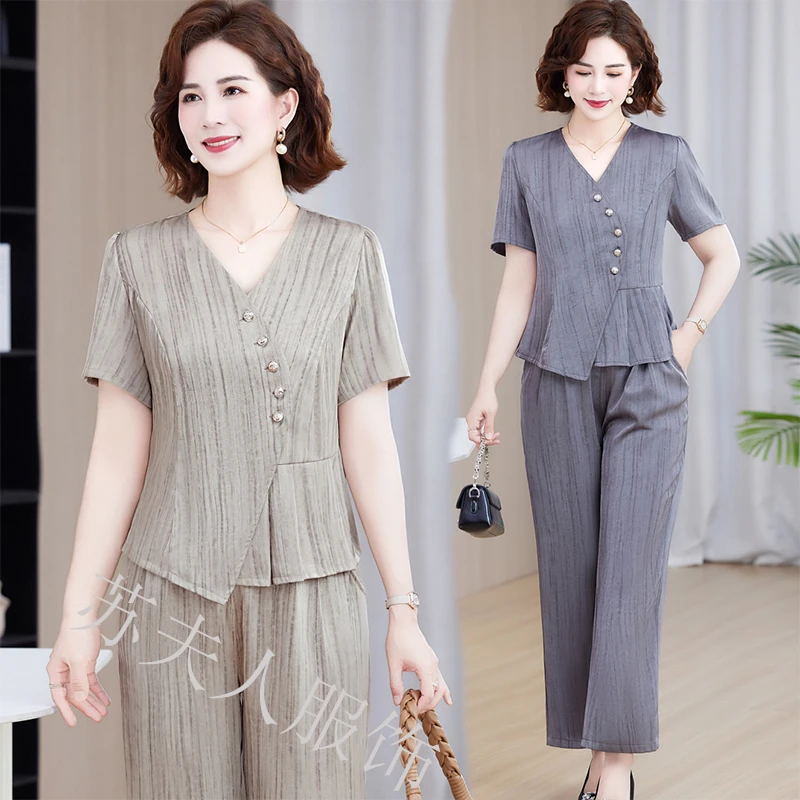 母亲节中年妈妈夏装短袖T恤套装中老年女夏季洋气两件套2025新款