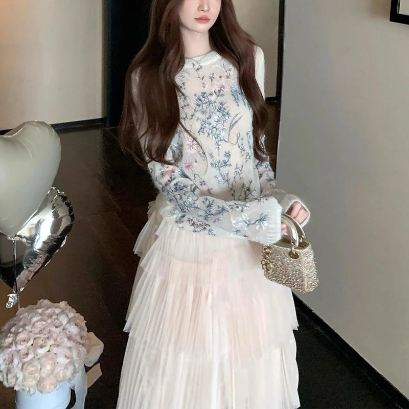 镜中芭蕾 重工花卉刺绣套头毛衣鱼骨柔光纱半裙优雅长裙秋季套装