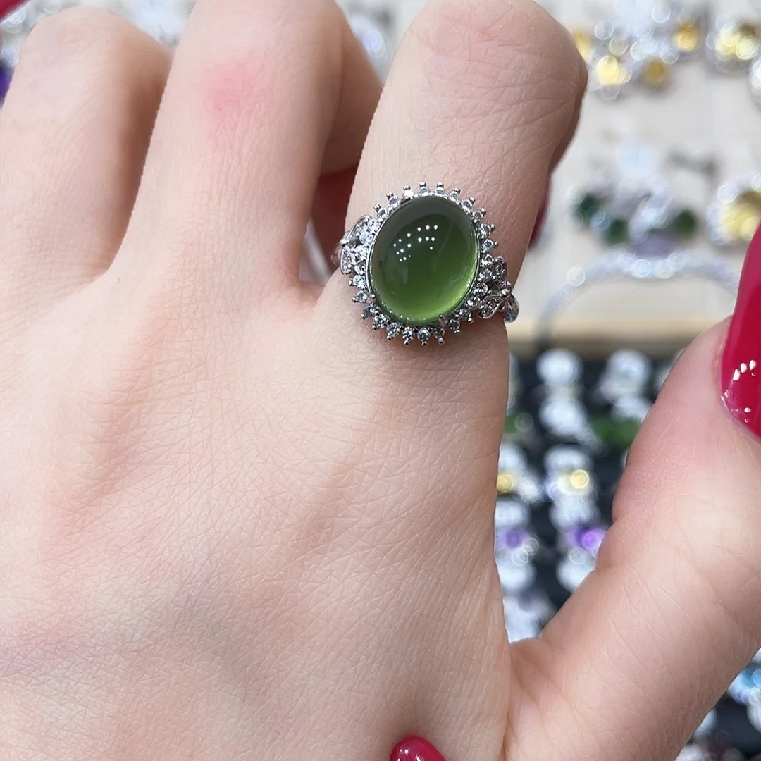 银S925镶嵌蛇纹石玉戒指戒指