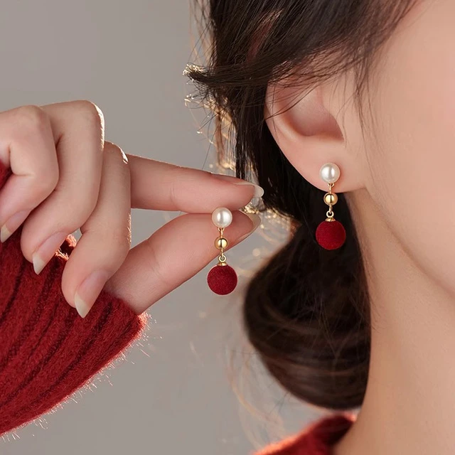 阿吉豆酒红色丝球珍珠耳钉女气质覆古新年耳环耳坠2025新款爆款纯