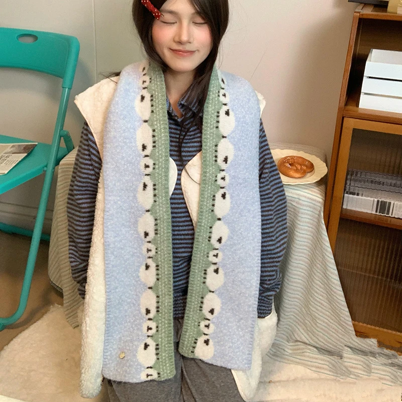 青青草原~可爱小羊提花撞色围巾女含羊毛保暖围脖秋冬氛围感搭配