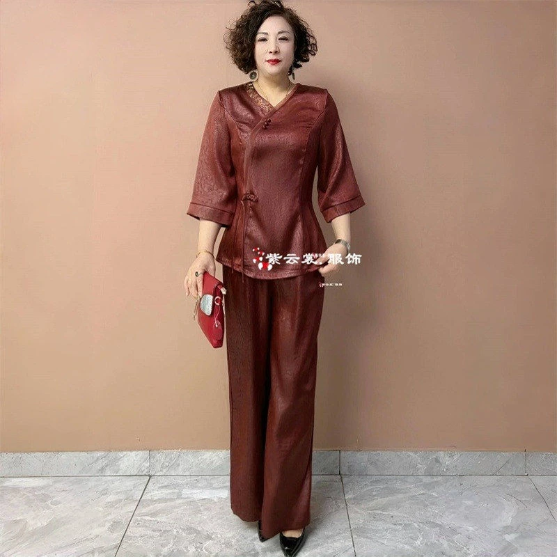 洋气妈妈提花V领旗袍衫中老年阔腿裤宽松大码两件套装