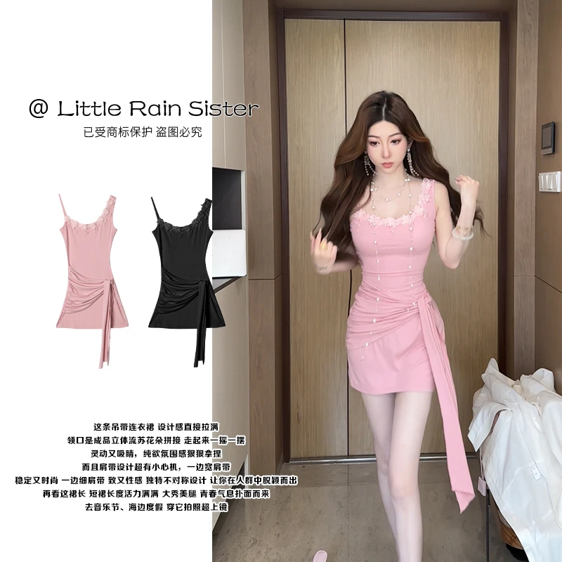 小雨姐姐夏款【花甸蔷薇裙】时尚设计感立体花朵飘带修身连衣裙女