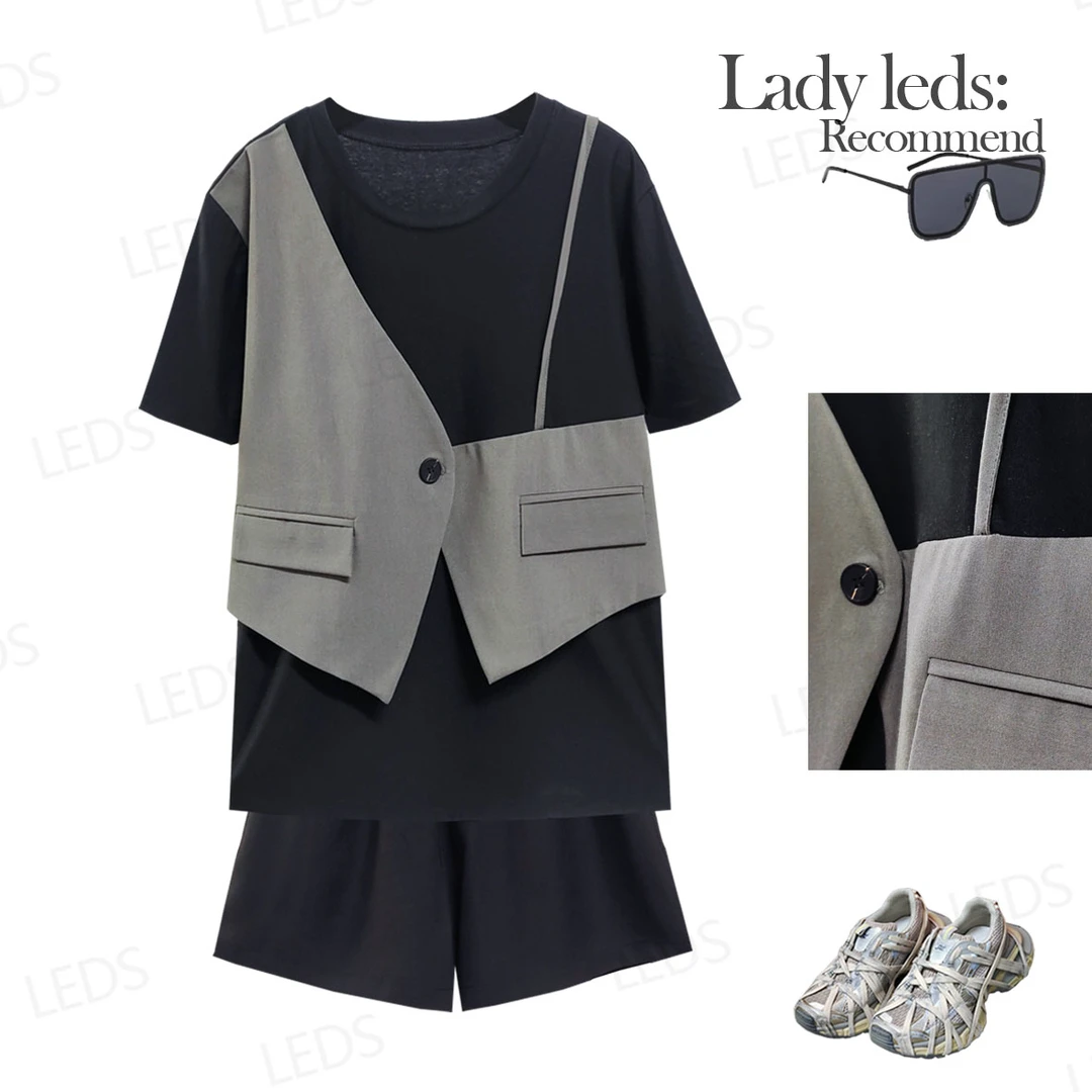 LEDS S646夏季假两件休闲显瘦上衣百搭西装马夹短裤套装