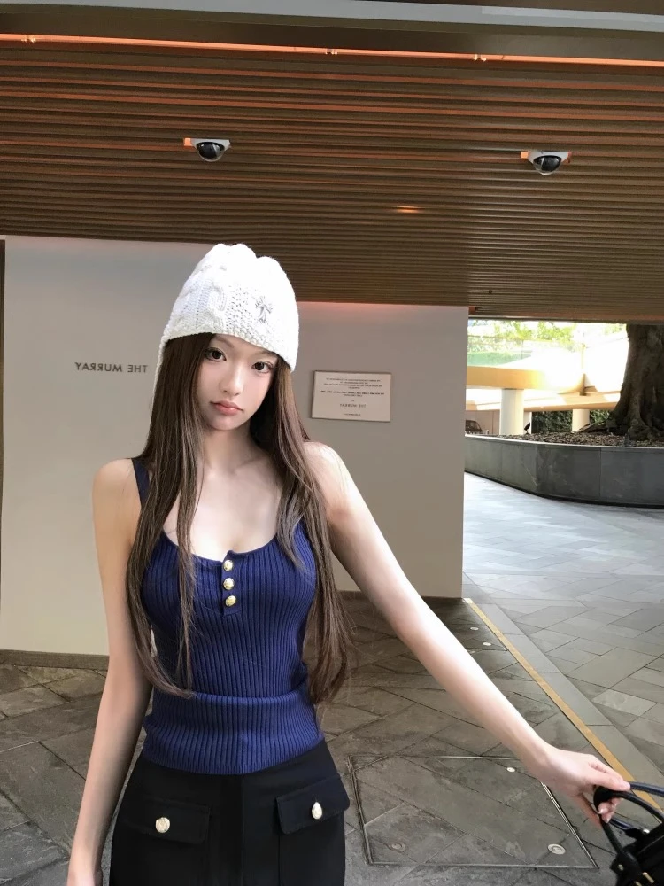 法式u领金属扣针织吊带背心女夏外穿高级感气质紧身无袖打底上衣