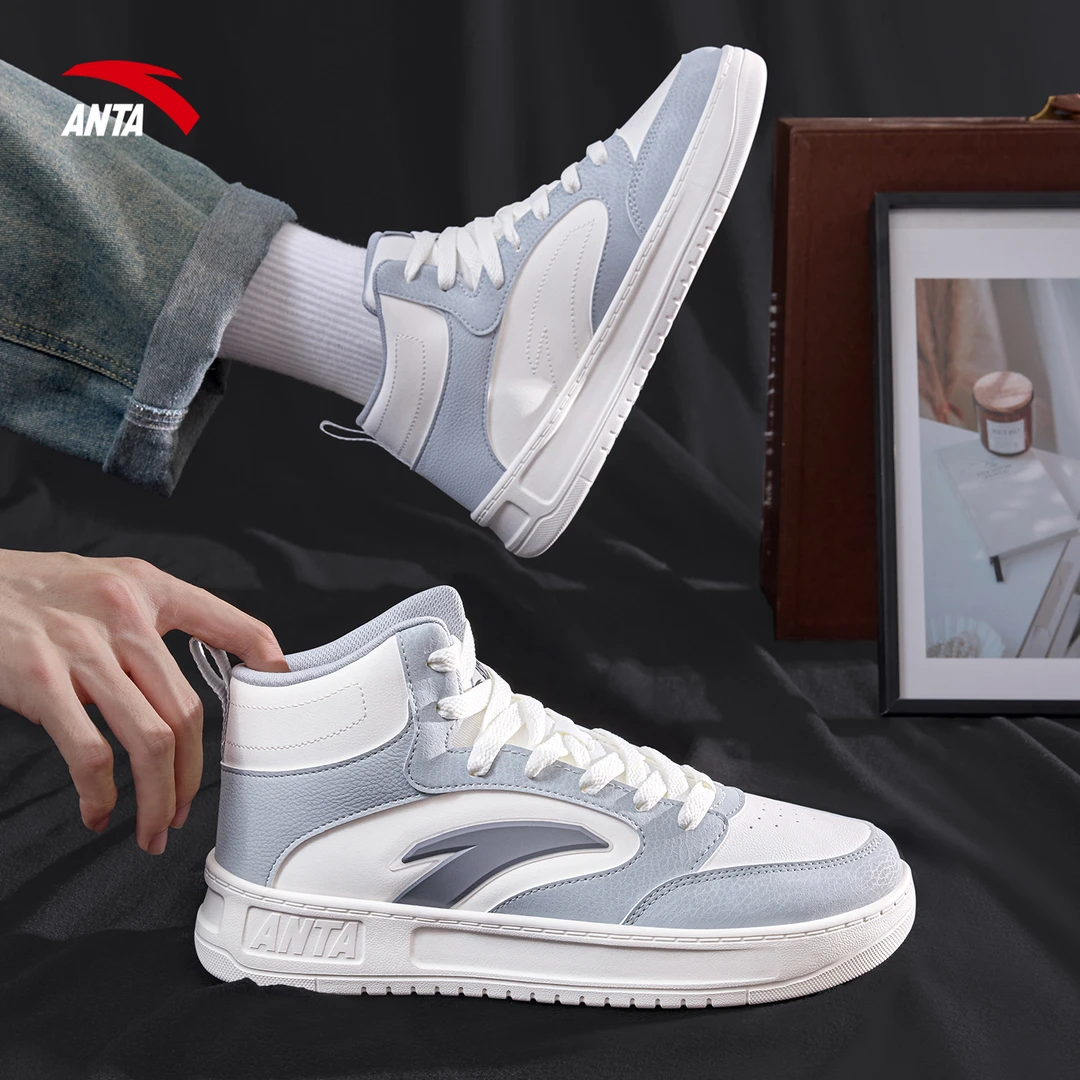 安踏男鞋高帮鞋男鞋2025冬季保暖正品皮面防泼水板鞋休闲运动鞋子