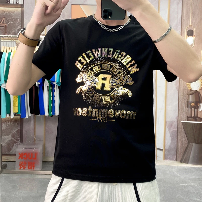 欧洲站2025夏季新款潮牌丝光棉修身黑色百搭薄款打底短袖T恤男装
