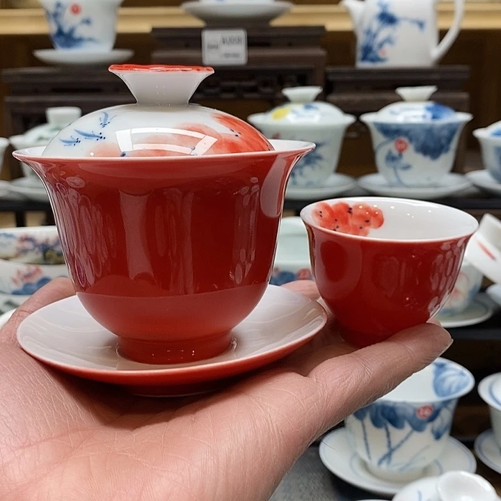 手绘微瑕红色盖碗加一杯