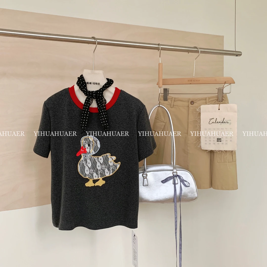 2976【蕾丝鸭】韩系夏款立体刺绣减龄休闲百搭圆领印花T恤