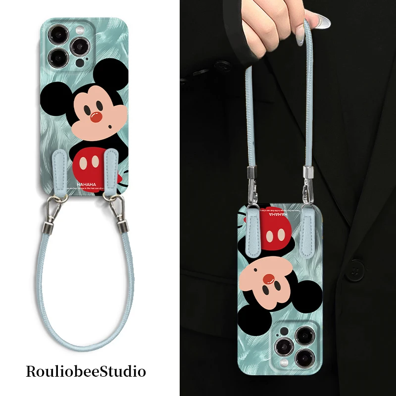 呆萌米奇蓝皮绳适用iphone16/15pro手机壳苹果14华为oppo小米vivo