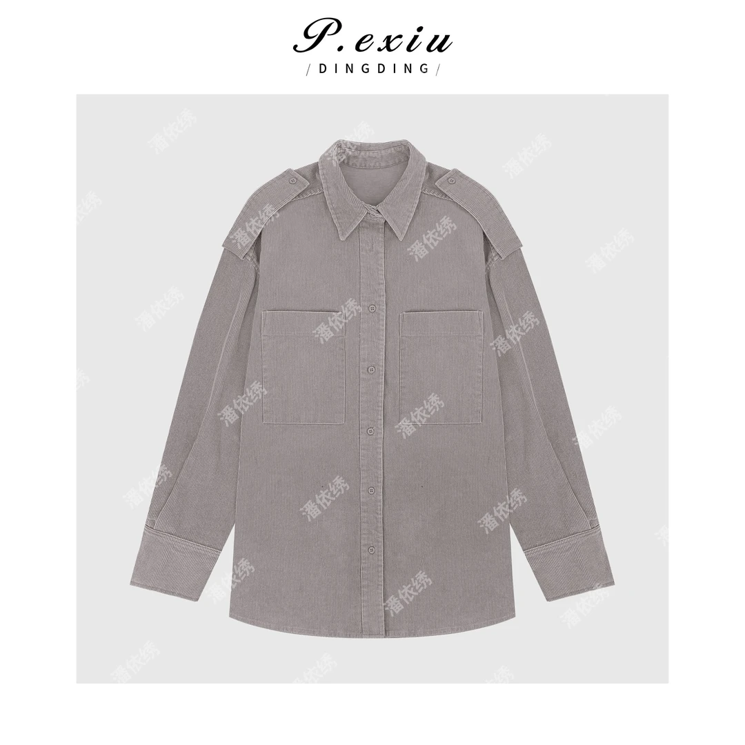 100%棉复古灯芯绒气质显瘦百搭长袖衬衫M9146