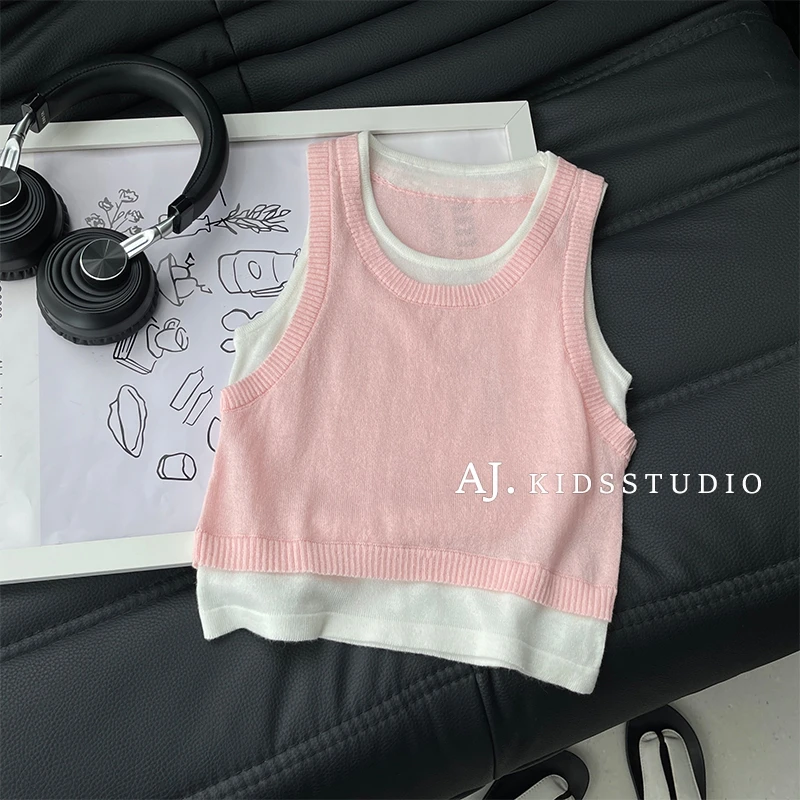 现【蜜桃甜心】阿卷夏韩版女童简约假两件冰丝针织无袖背心MPG6149