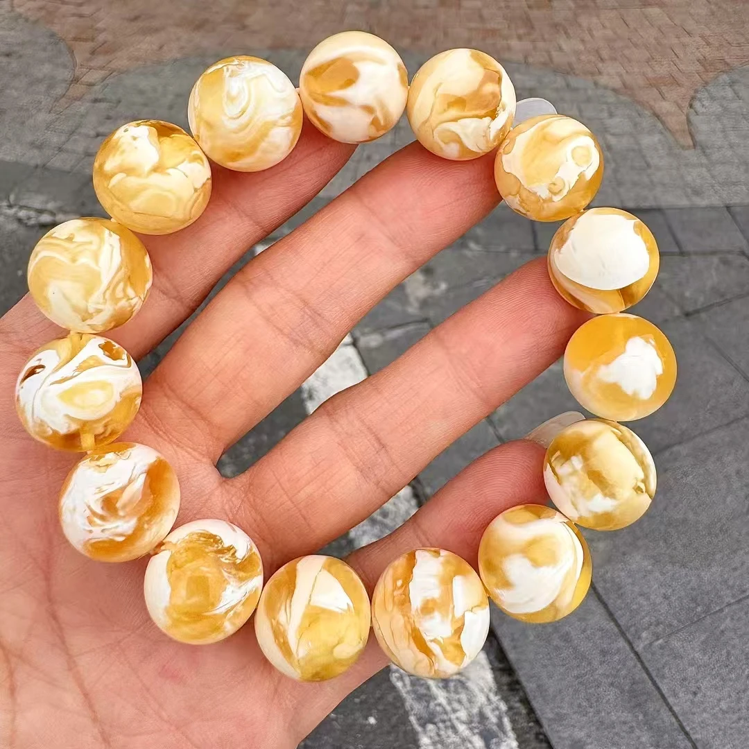 毕业级别俄料金漆白蜜蜡圆珠手串,颗颗妖花,29.5克