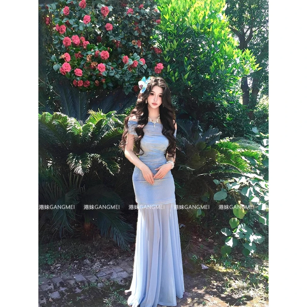 法式绝美蓝色斜肩氛围感连衣裙女夏海边度假修身性感辣妹包臀长裙