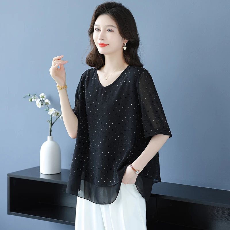 大码女装宽松遮肚子慵懒风短袖上衣夏季雪纺黑色百搭薄款气质T恤