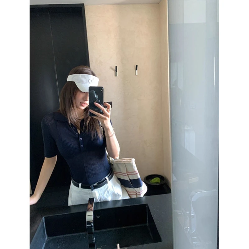 美式翻领正肩黑色镂空冰丝针织短袖T恤女夏季修身显瘦polo衫上衣