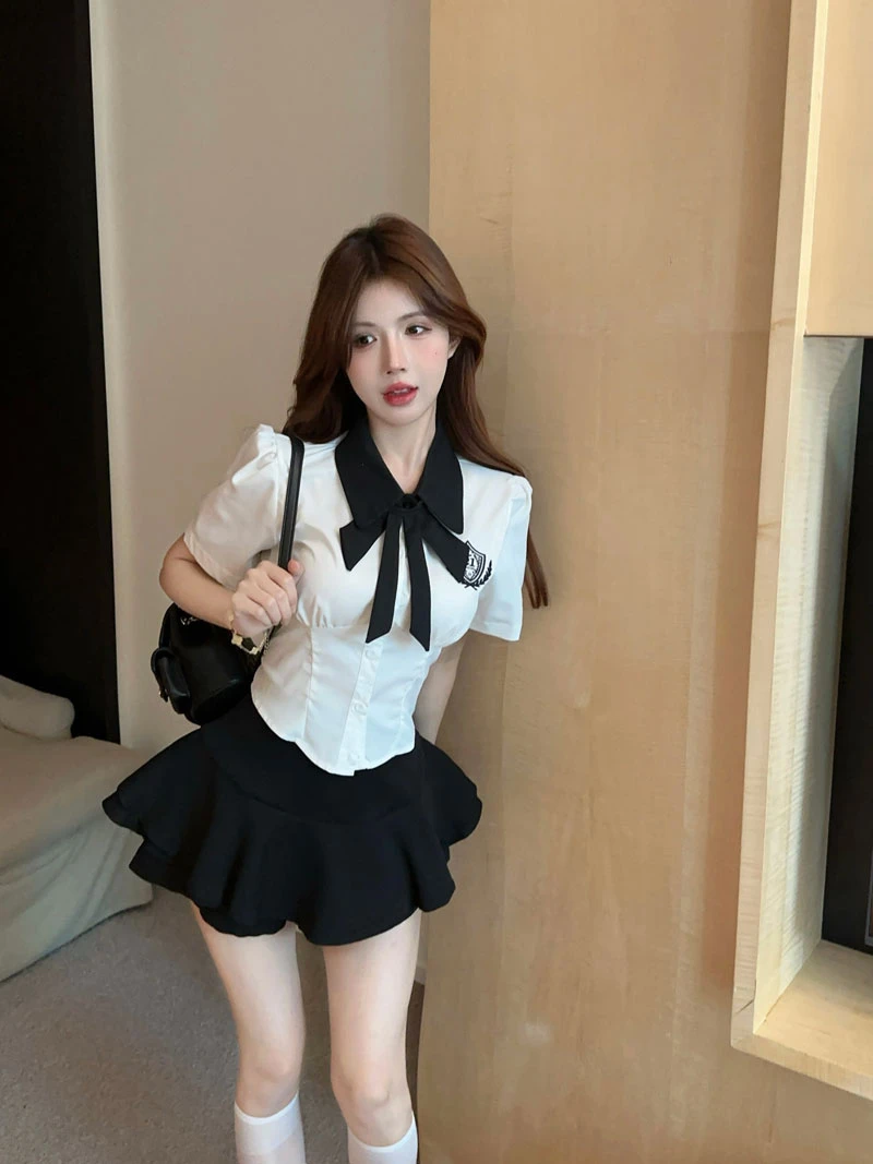 2025夏季新款学院风jk套装刺绣polo领衬衫上衣蓬蓬半身裙子两件套
