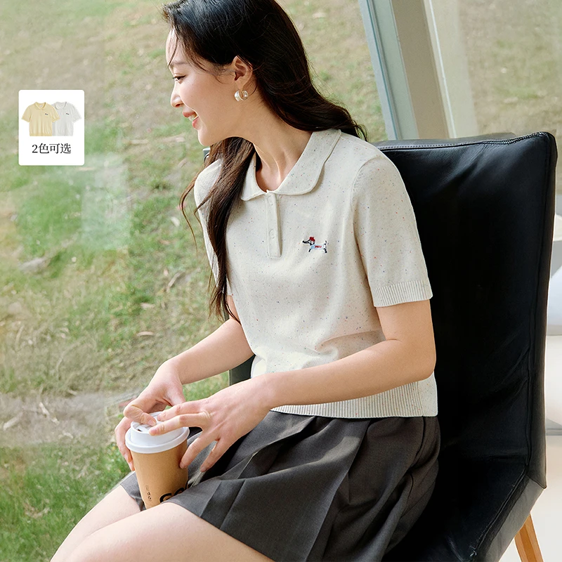 【一秒入夏】茵曼夏季简约娃娃领刺绣针织衫休闲通勤显瘦短袖上衣