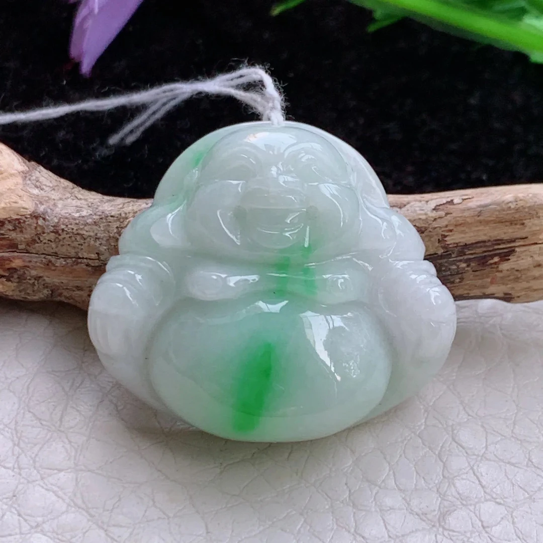 Zen实拍27*30.4*10缅甸翡翠飘绿小佛公 开心佛玉吊坠 玉挂件
